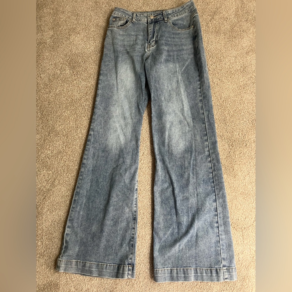 No name wide leg high rise medium blue wash jeans distressed button zip fly S